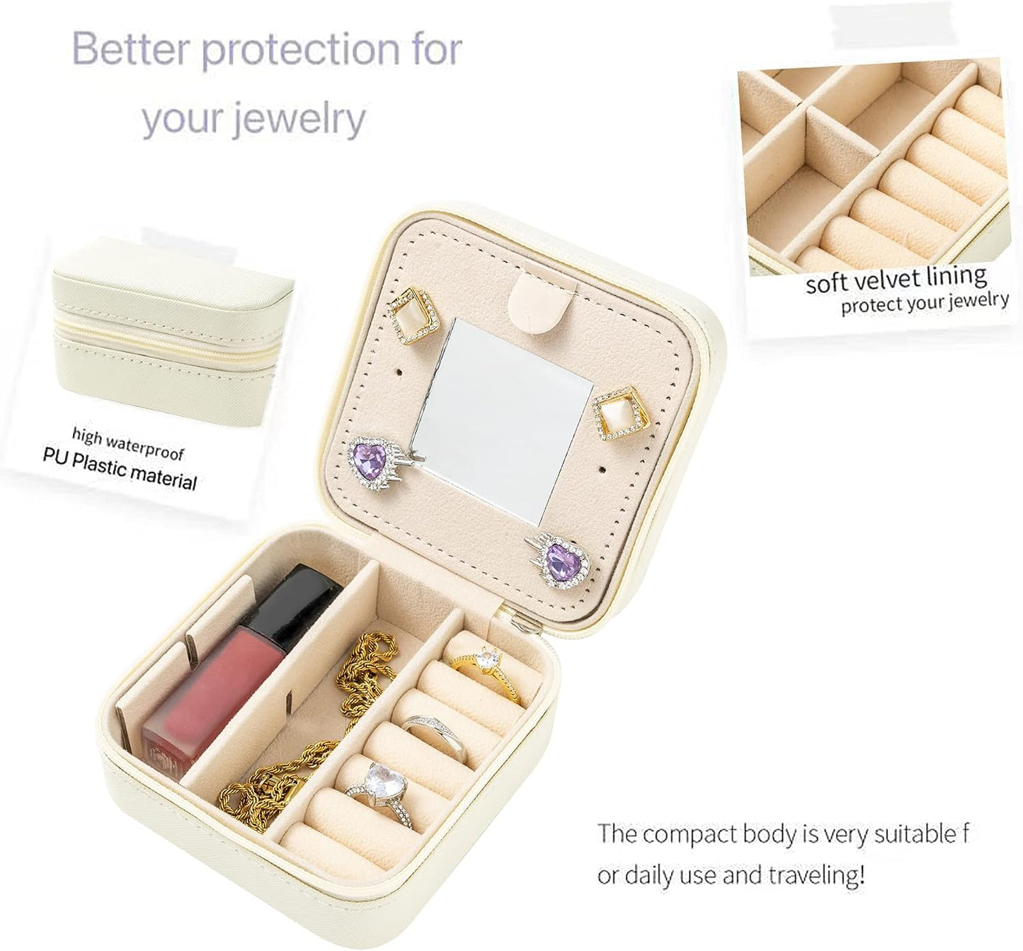 Travel Jewelry Case Travel Jewelry Box Travel Jewelry Organizer Small Jewelry Organizer Box Gift for Girls Women with Mirror(White)