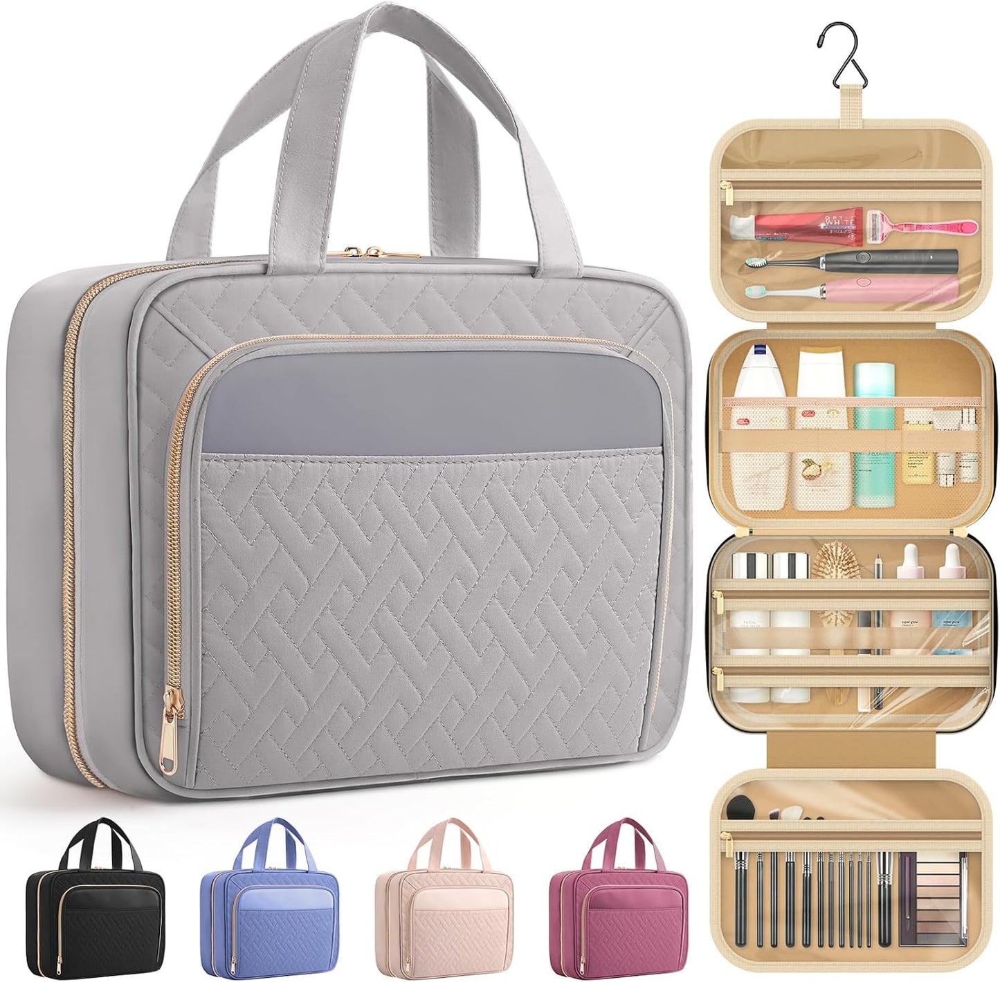 Hanging Travel Toiletry Bag Women Men, Grey, Medium