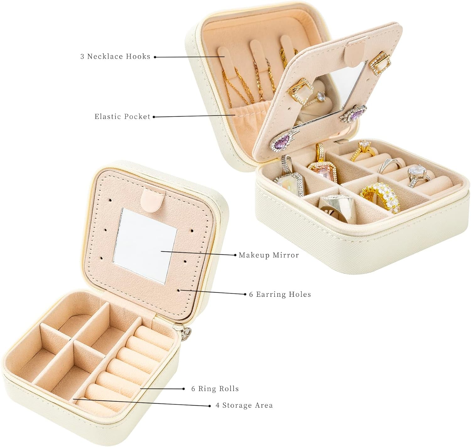 Travel Jewelry Case Travel Jewelry Box Travel Jewelry Organizer Small Jewelry Organizer Box Gift for Girls Women with Mirror(White)