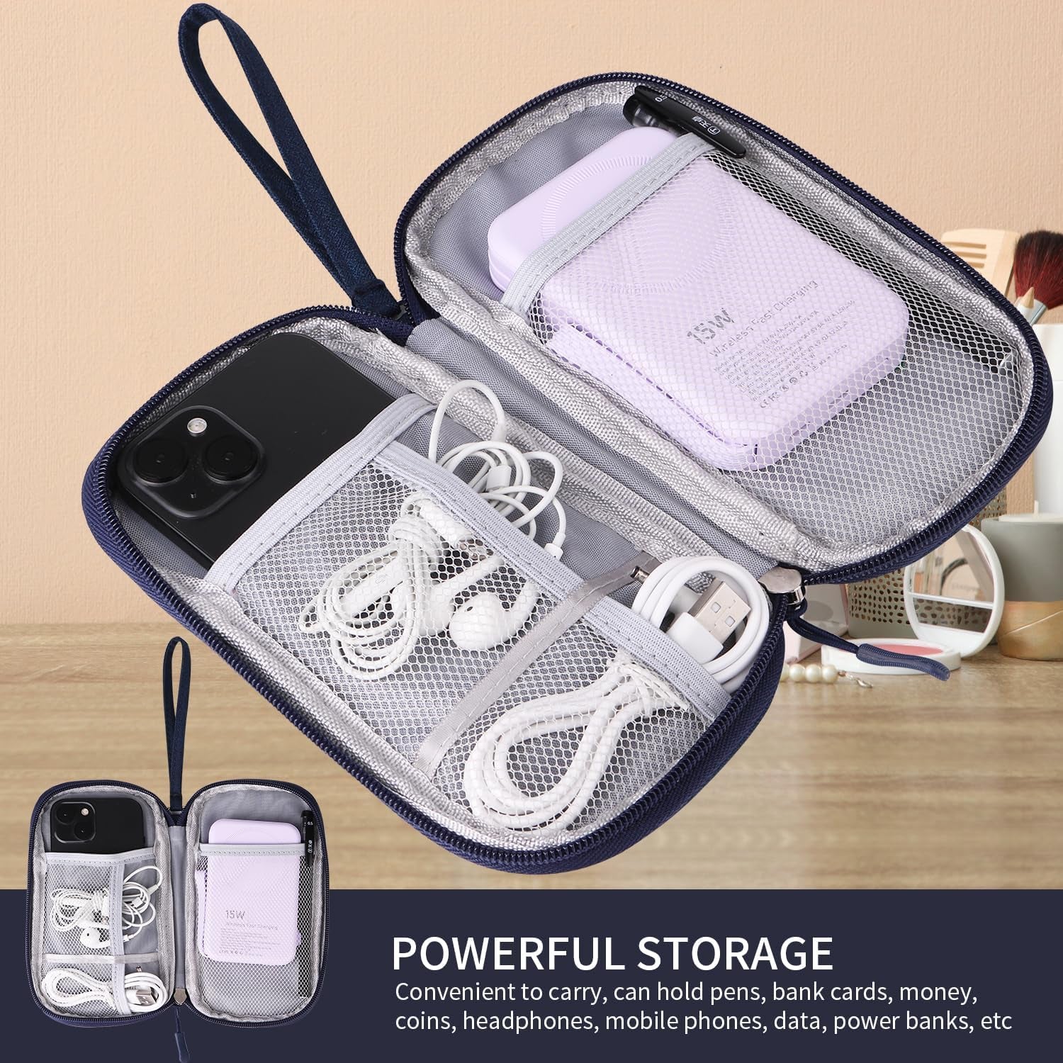 Travel Cable Organizer, Electronics Accessories Bag for Charger, Phone, Memory Card, Universal Gadget Organizer (Blue)